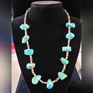 Native American Sterling Turquoise Polished Nugget Necklace 1970's